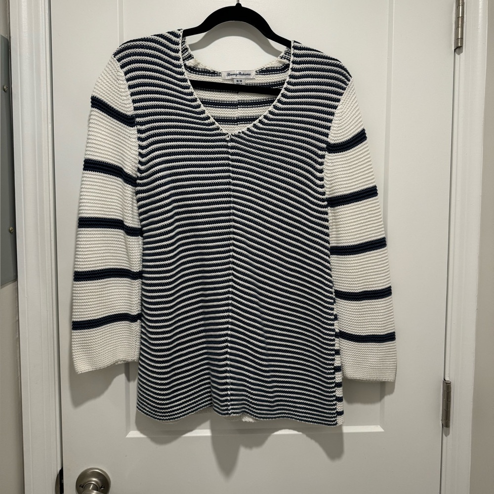 Tommy Bahama Ladies 100% Cotton Knit V Neck Sweater Medium Navy & White …